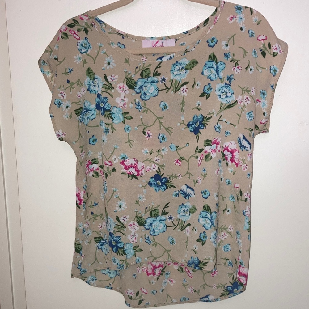Beige Floral Short Sleeve Blouse with Blue & Pink Blooms